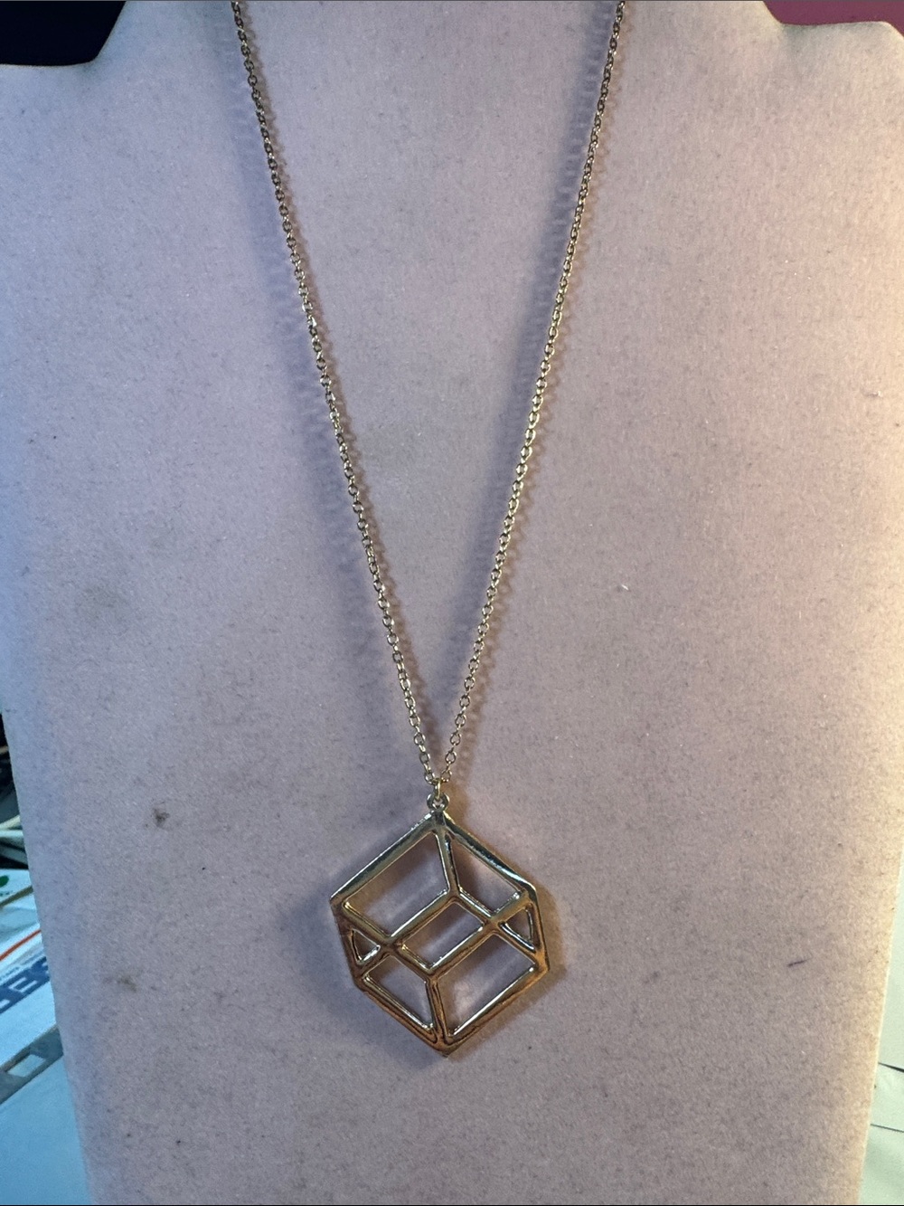 Hand Crafted Gold Geometric Cube Pendant Necklace 10”